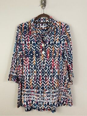 John‎ Mark Multicolor Ikat-Print Linen Blend 3/4 Sleeves Tunic Top Size Medium
